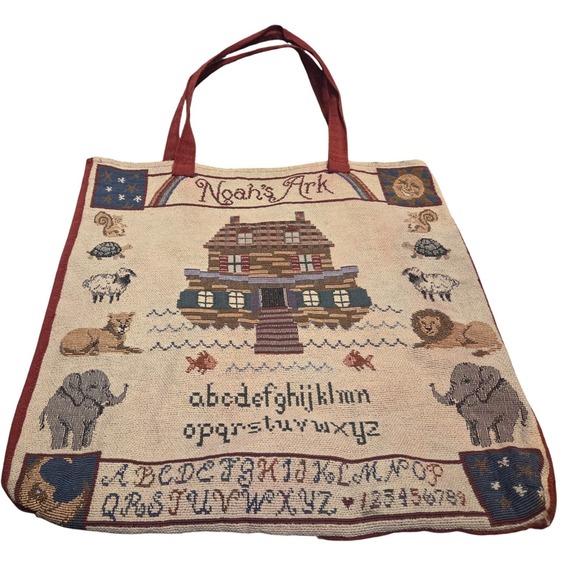 Unbranded Handbags - Unbranded Noahs Ark Tapestry Tote Bag Women Large Red Woven Sampler Animal Print
